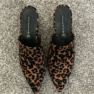 Steven Madden block, healed, leopard mules